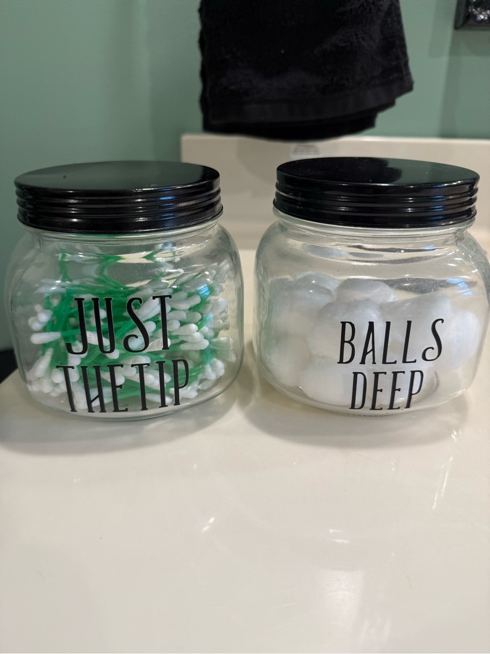 Set of 2 Glass Bathroom Jars with Black Lids - 'Just The Tip' & 'Balls Deep'